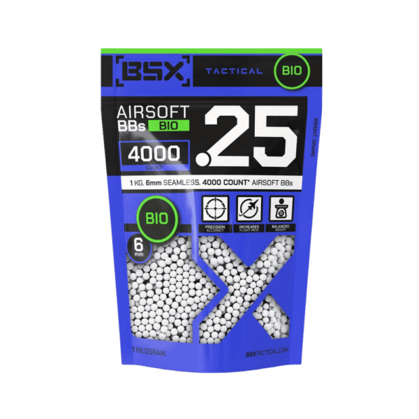 BSX BBs 0.25g 1KG White BIO seamless precision paintball training ammunition.