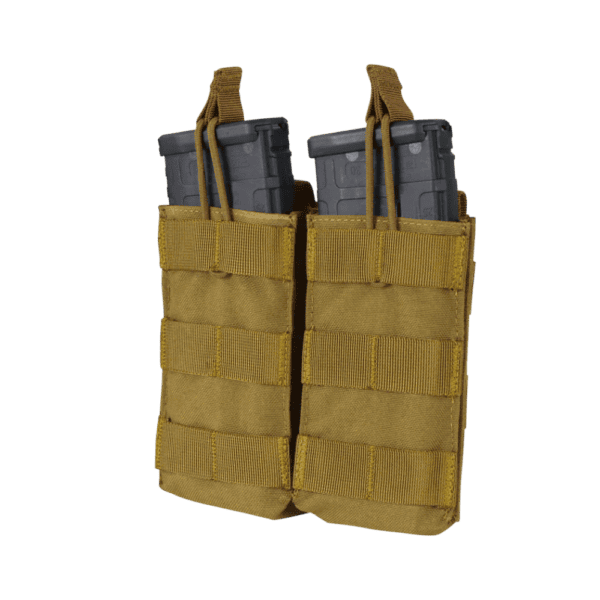 Condor Double M4/M16 Open-Top Mag Pouch in tan for tactical paintball configurations.