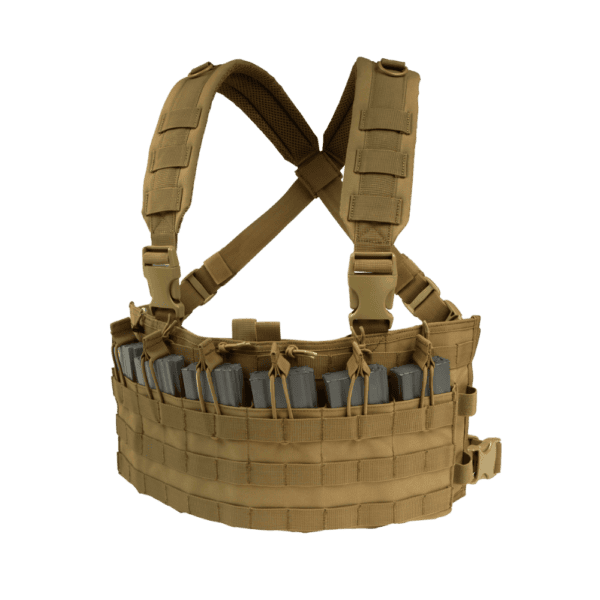The Condor Rapid Assault Chest Rig in sleek Tan showing the front open-top magazine pouches and cross-back straps.
