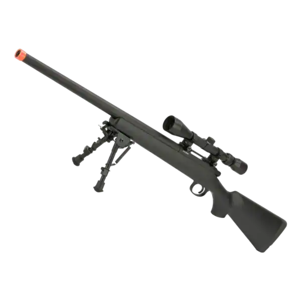 CYMA Standard VSR-10 Bolt Action Sniper Rifle in black with scope and bipod for airsoft and paintball players.