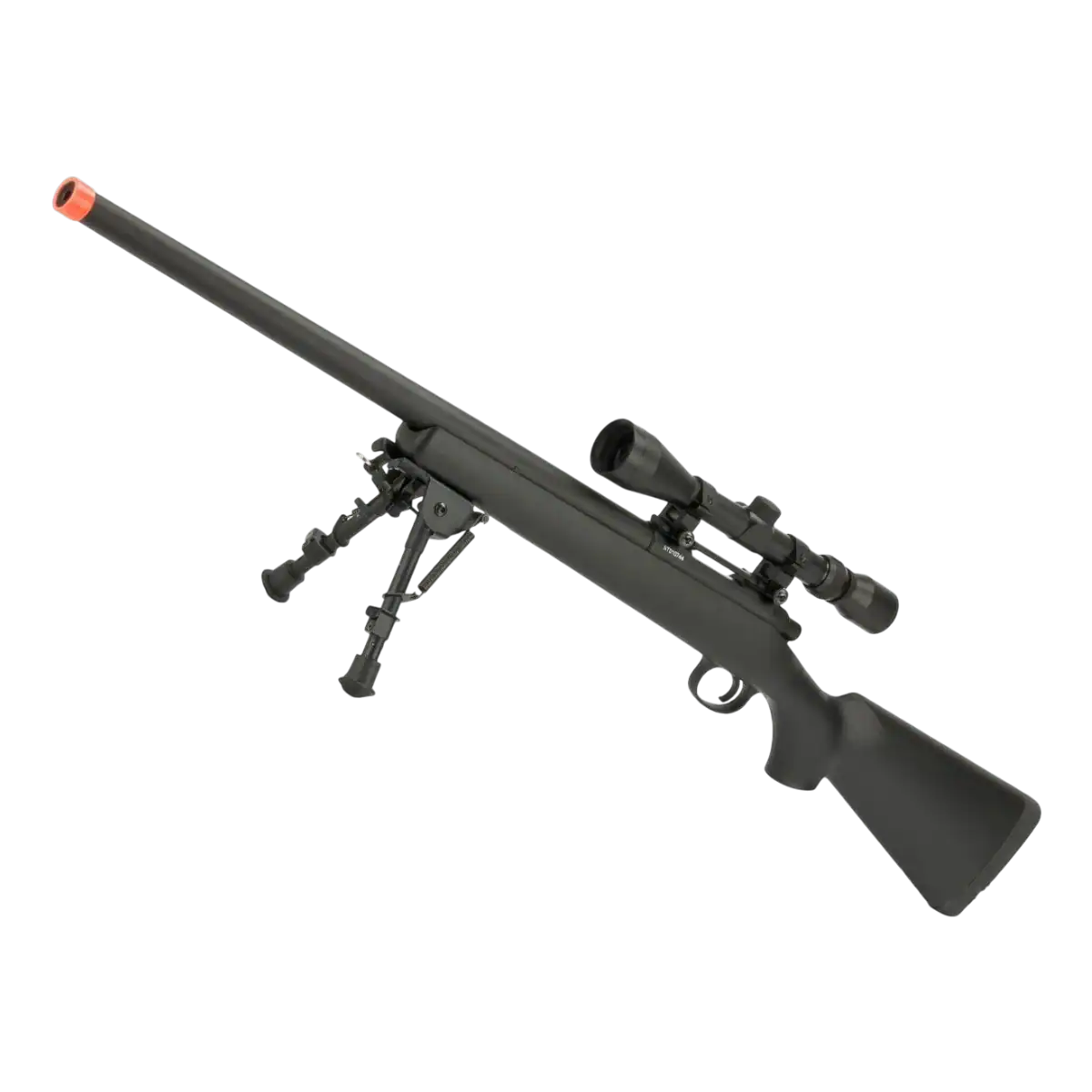 CYMA Standard VSR-10 Bolt Action Sniper Rifle in black with scope and bipod for airsoft and paintball players.