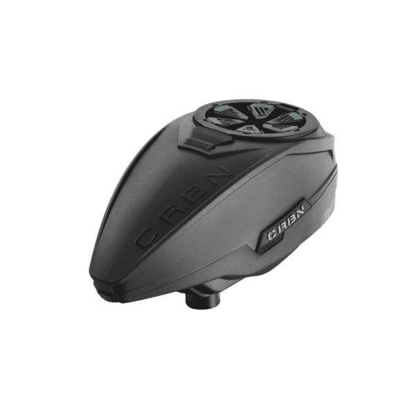 CRBN DRV Loader black electronic paintball hopper with integrated digital screen.