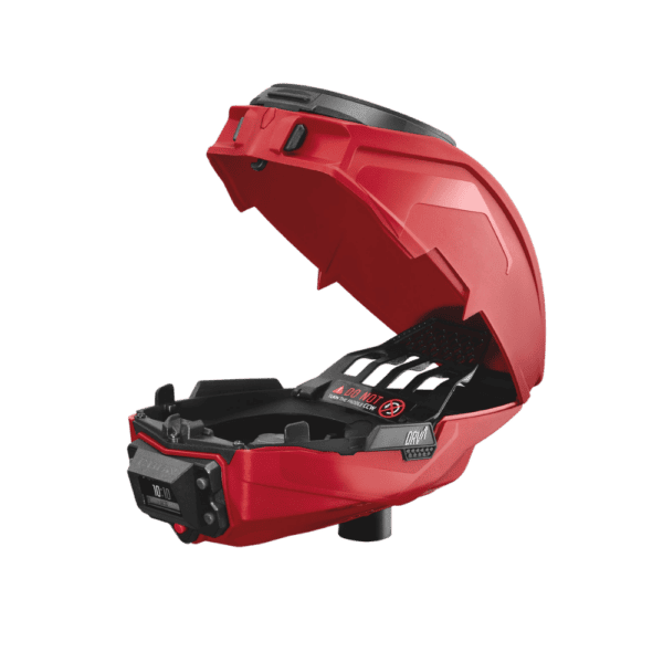 CRBN DRV Loader red electronic paintball hopper with integrated digital screen.