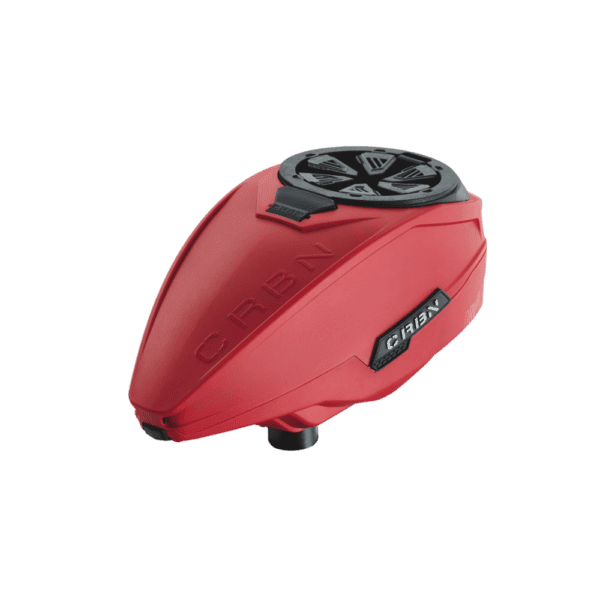 CRBN DRV Loader red electronic paintball hopper with integrated digital screen.