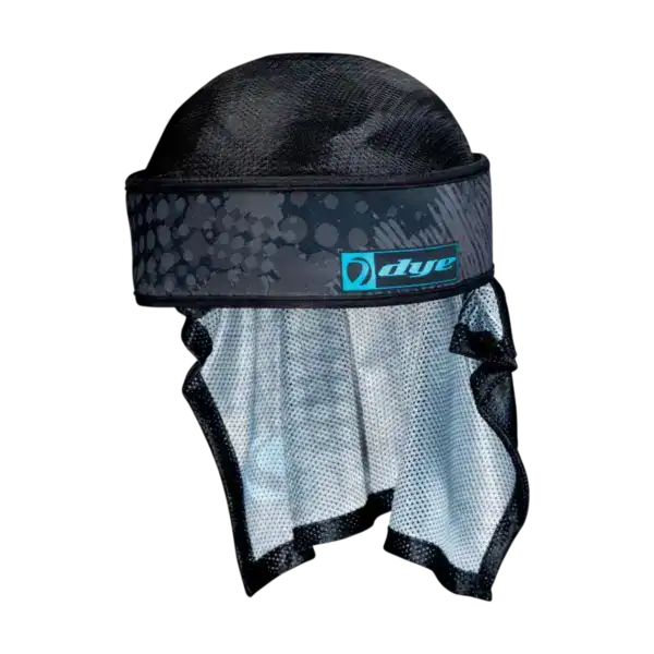 DYE x Halo head wrap in black and cyan for paintball players.