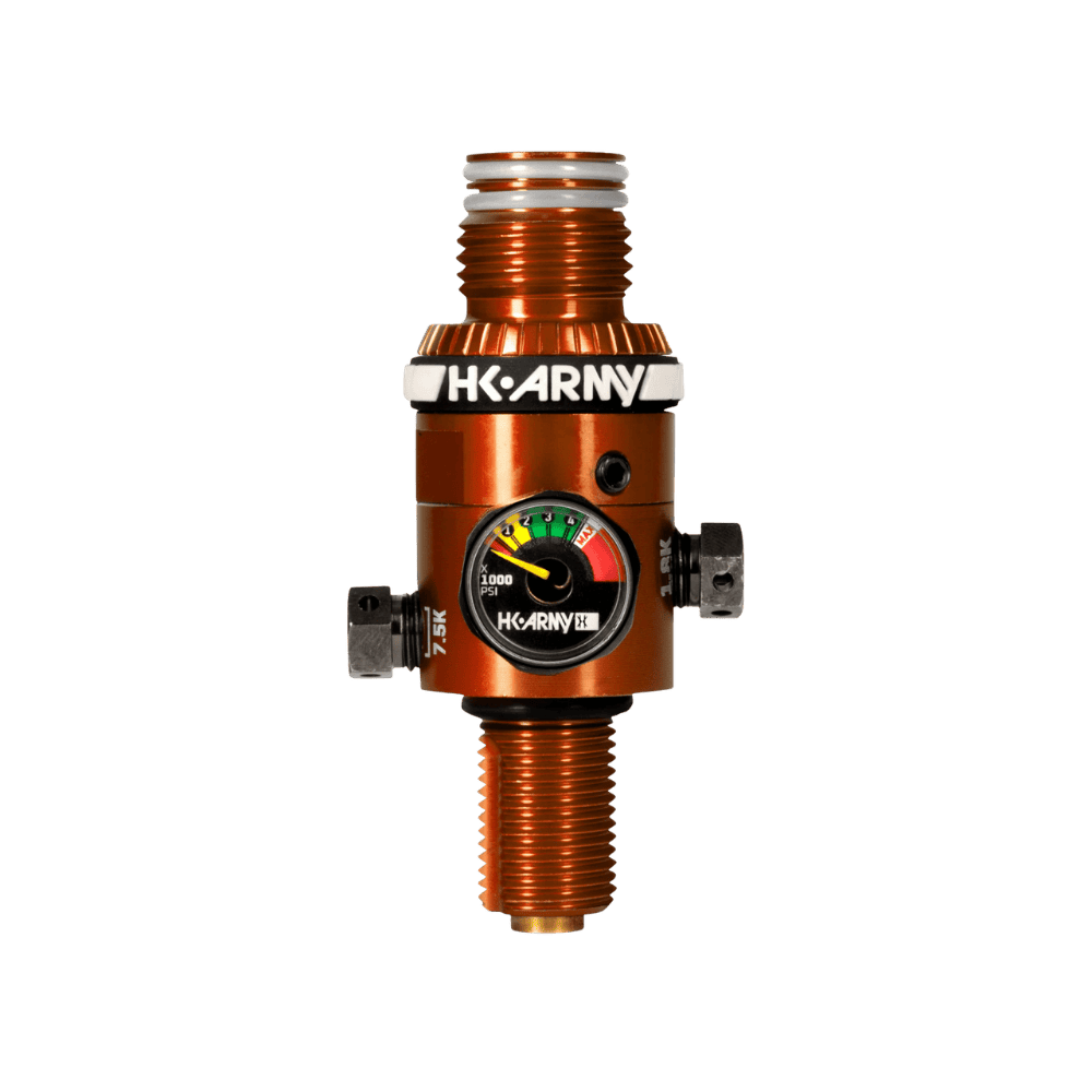 HK Army HP8 Regulator Orange 800psi paintball compressed air tank regulator.