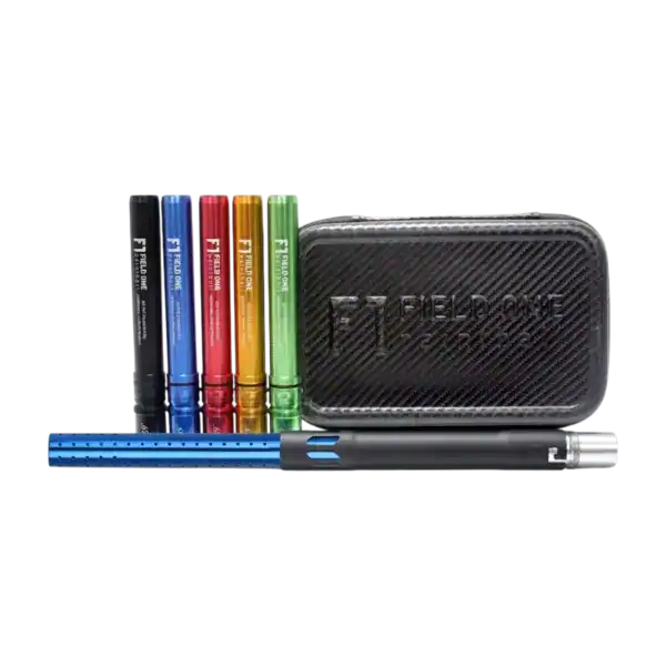 Field One Acculock Paintball Barrel Kit in dust black and gloss blue with colorful inserts.