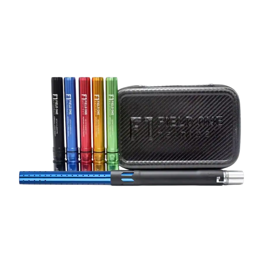 Field One Acculock Paintball Barrel Kit in dust black and gloss blue with colorful inserts.