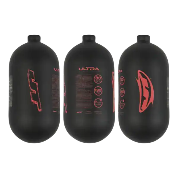 JT Paintball Ultra Light 80ci matte black bottle with red logo text for paintball air systems.