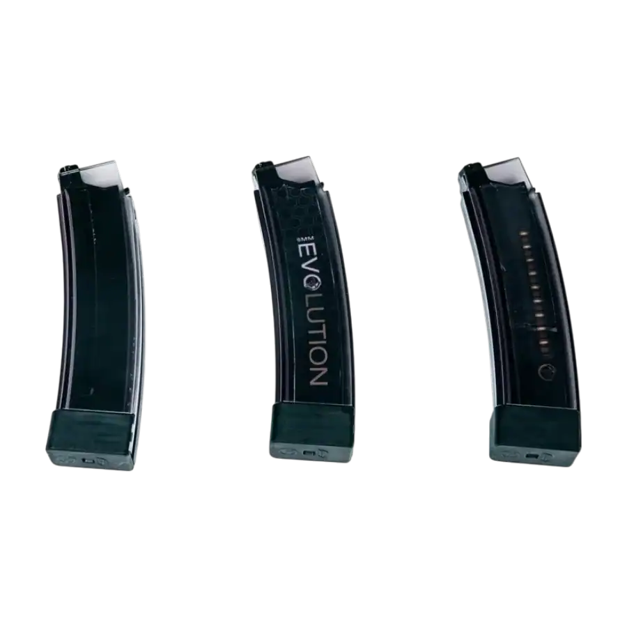 ActionSportGames CZ Scorpion EVO 3-A1 75 Round Magazines in smoky translucent finish for 6mm airsoft paintball play.