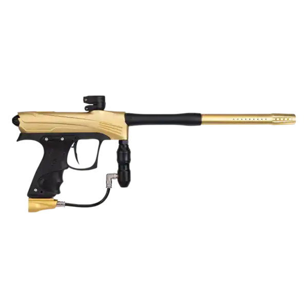 Dye Rize CZR Black with Gold electronic paintball marker profile view.