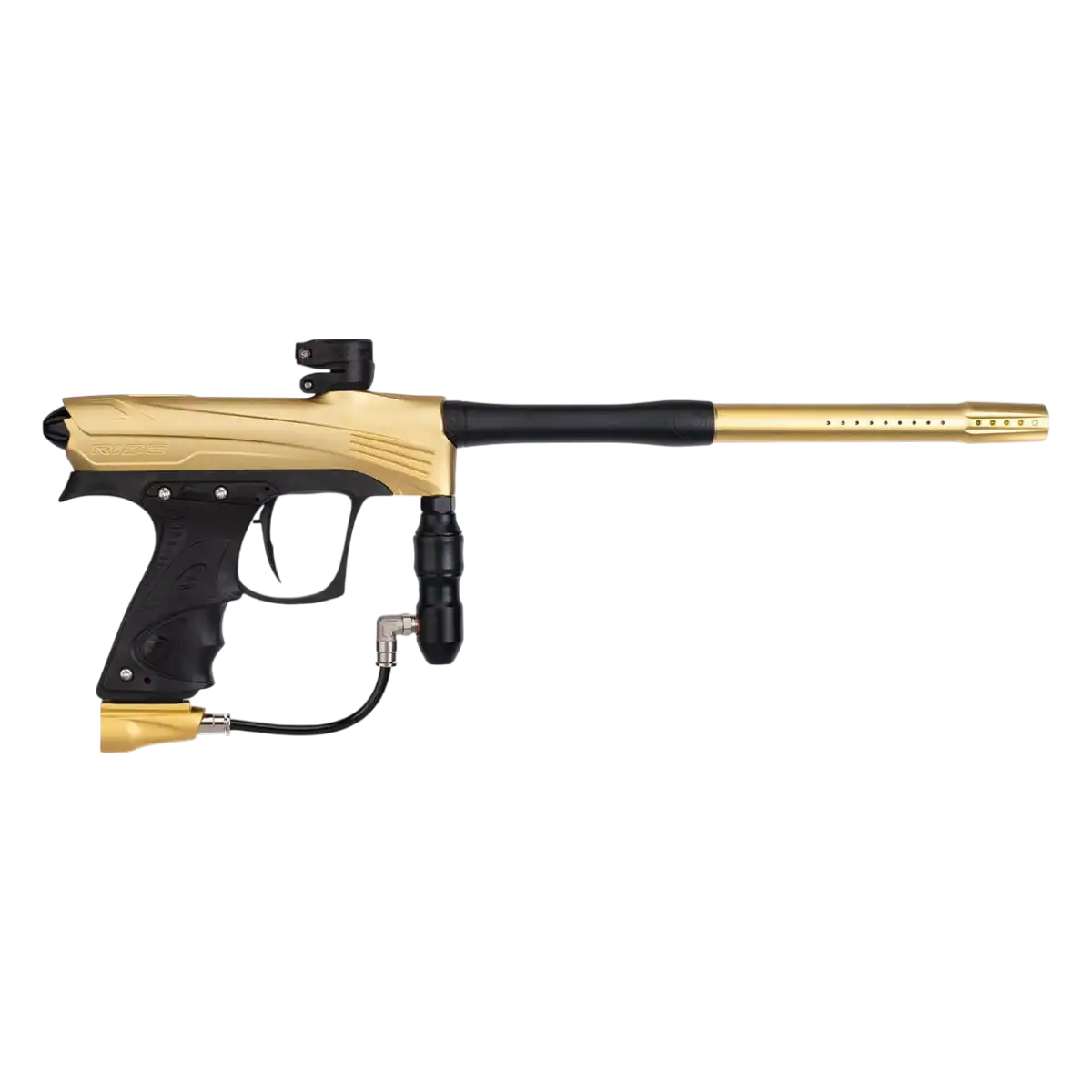 Dye Rize CZR Black with Gold electronic paintball marker profile view.