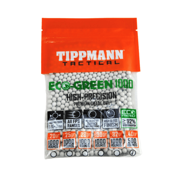 Tippmann ECO .40 Gram 500ct bag of seamless biodegradable paintball cross-training ammunition.