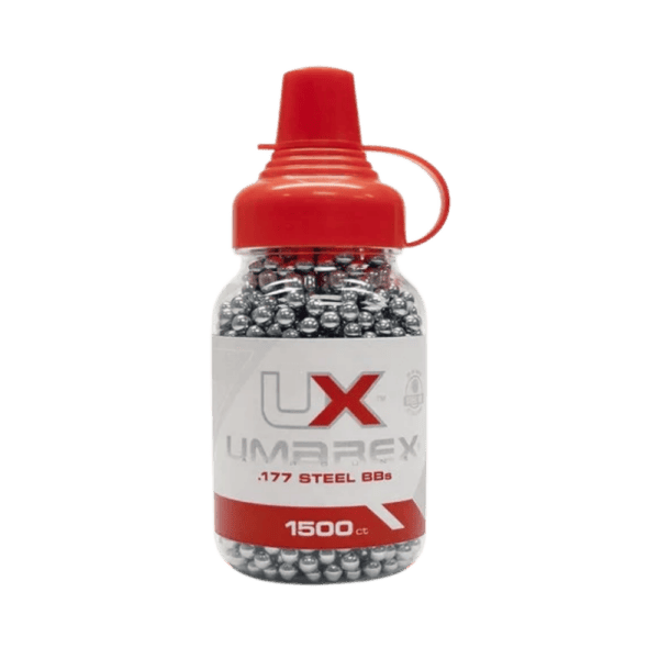 Umarex Precision Steel BBs 1500ct bottle of silver steel tactical paintball training ammunition.
