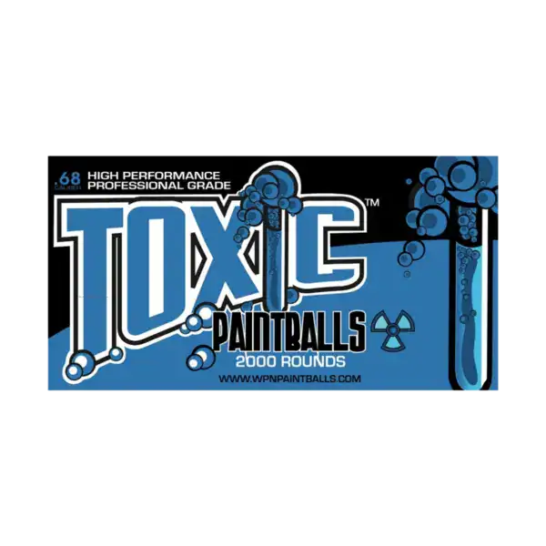 WPN Toxic Paintballs in yellow fill showing the blue professional grade 2000 rounds retail packaging.