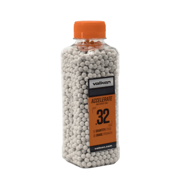 Valken Accelerate ProMatch 0.32g 2,500ct white tactical paintball training ammunition bottle.
