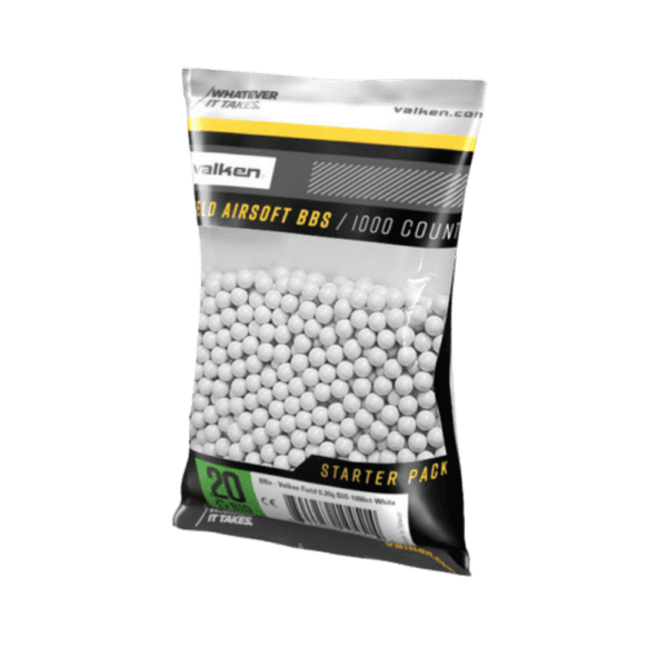 Valken BB 20g 1000ct BIO white biodegradable paintball cross-training ammunition.