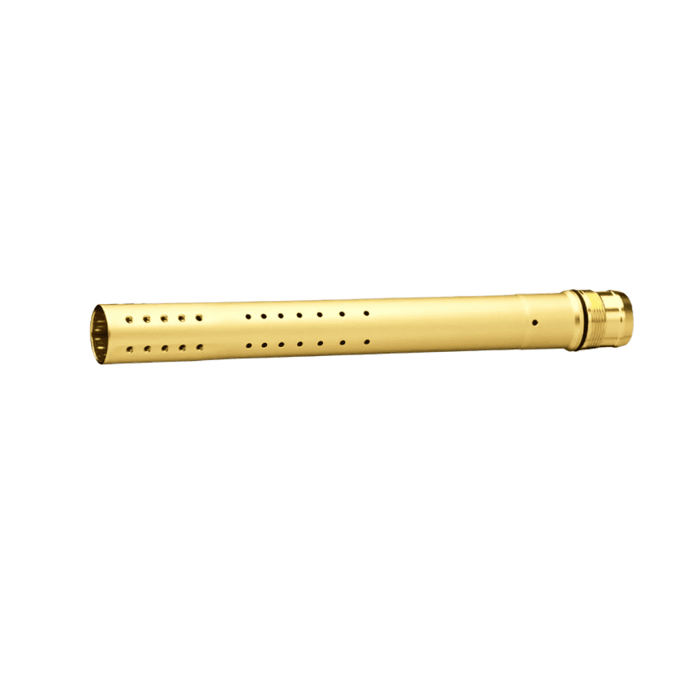DYE Boomstick UL-I Tip 14 Gold Dust progressive porting paintball barrel front.