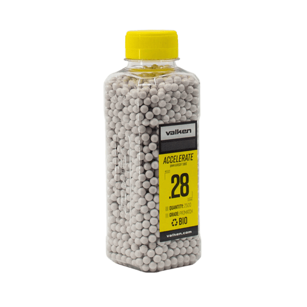 Valken BB 28g BIO Bottle of white biodegradable paintball cross-training ammunition.