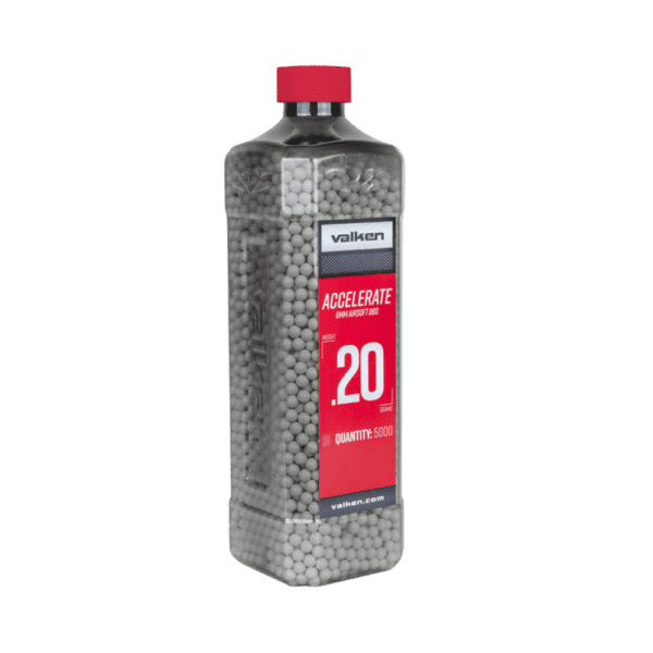 Valken Accelerate ProMatch 0.20g 5,000ct white tactical paintball training ammunition bottle.
