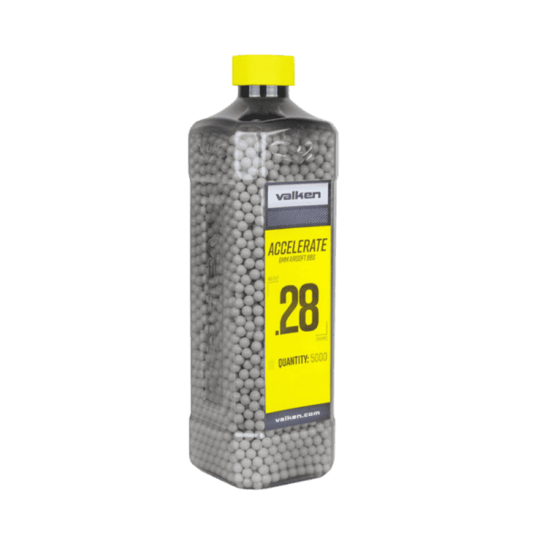 Valken Accelerate ProMatch 0.28g 5,000ct white tactical paintball training ammunition bottle.