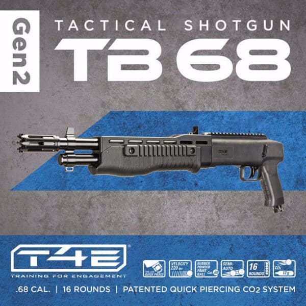 T4E TB 68 Gen2 Shotgun 7.5J paintball marker with Quick Pierce CO2 system.