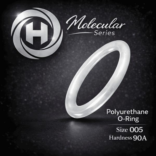 High-clarity Hadron Molecular Series Polyurethane O-Ring, size 005, 90A hardness, displayed with the Hadron logo on a dark textured background.
