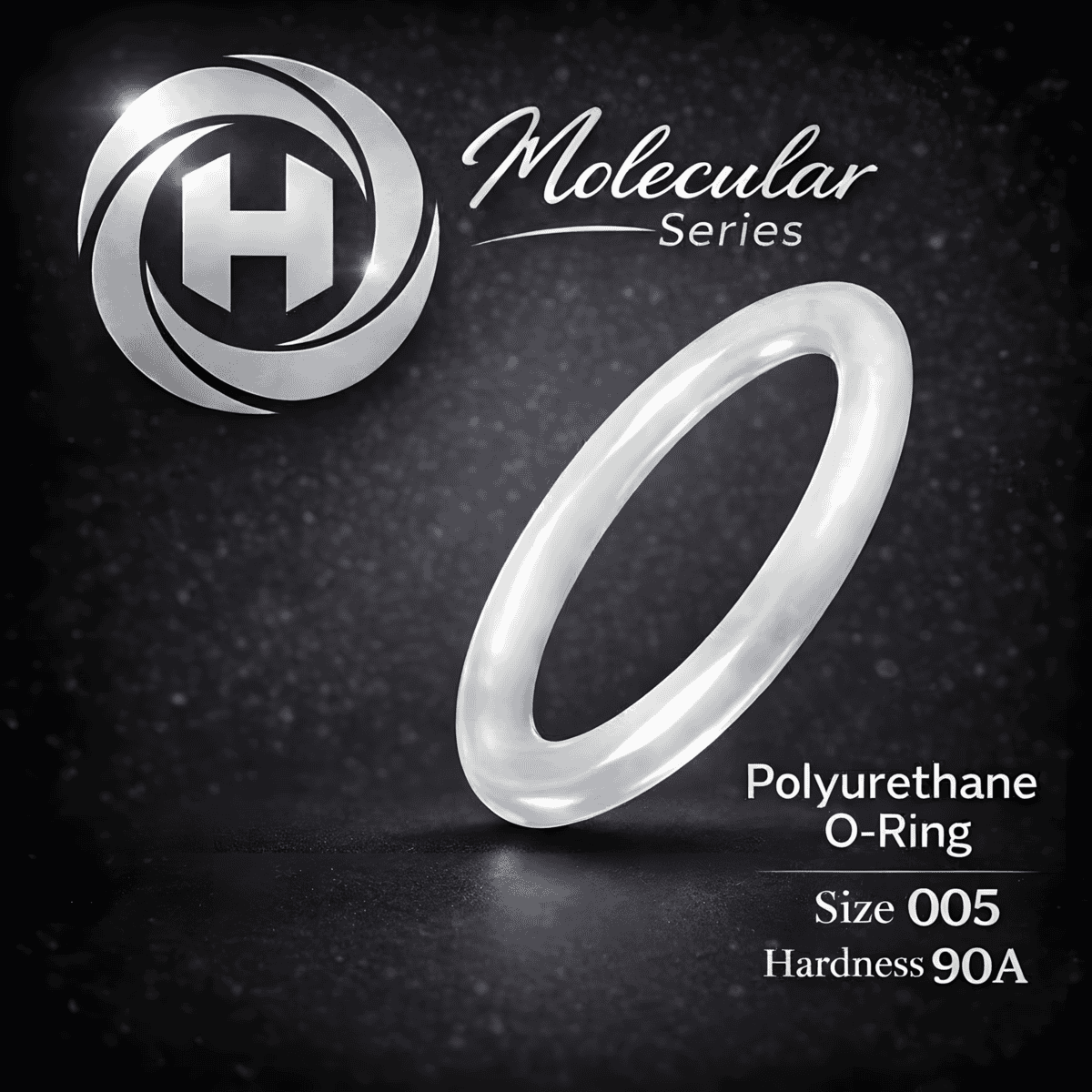 High-clarity Hadron Molecular Series Polyurethane O-Ring, size 005, 90A hardness, displayed with the Hadron logo on a dark textured background.