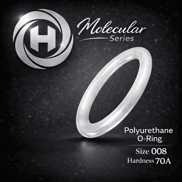 High-clarity Hadron Molecular Series Polyurethane O-Ring, size 008, 70A hardness, displayed with the Hadron logo on a dark textured background.