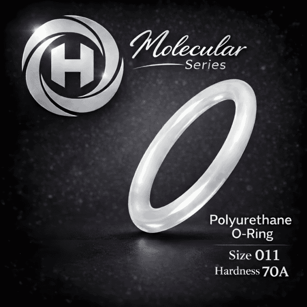 High-clarity Hadron Molecular Series Polyurethane O-Ring, size 011, 70A hardness, displayed with the Hadron logo on a dark textured background.