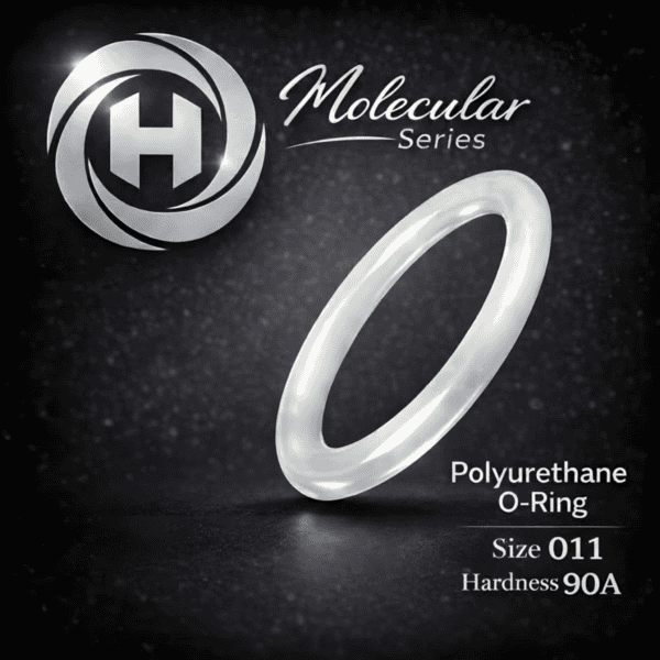 High-clarity Hadron Molecular Series Polyurethane O-Ring, size 011, 90A hardness, displayed with the Hadron logo on a dark textured background.
