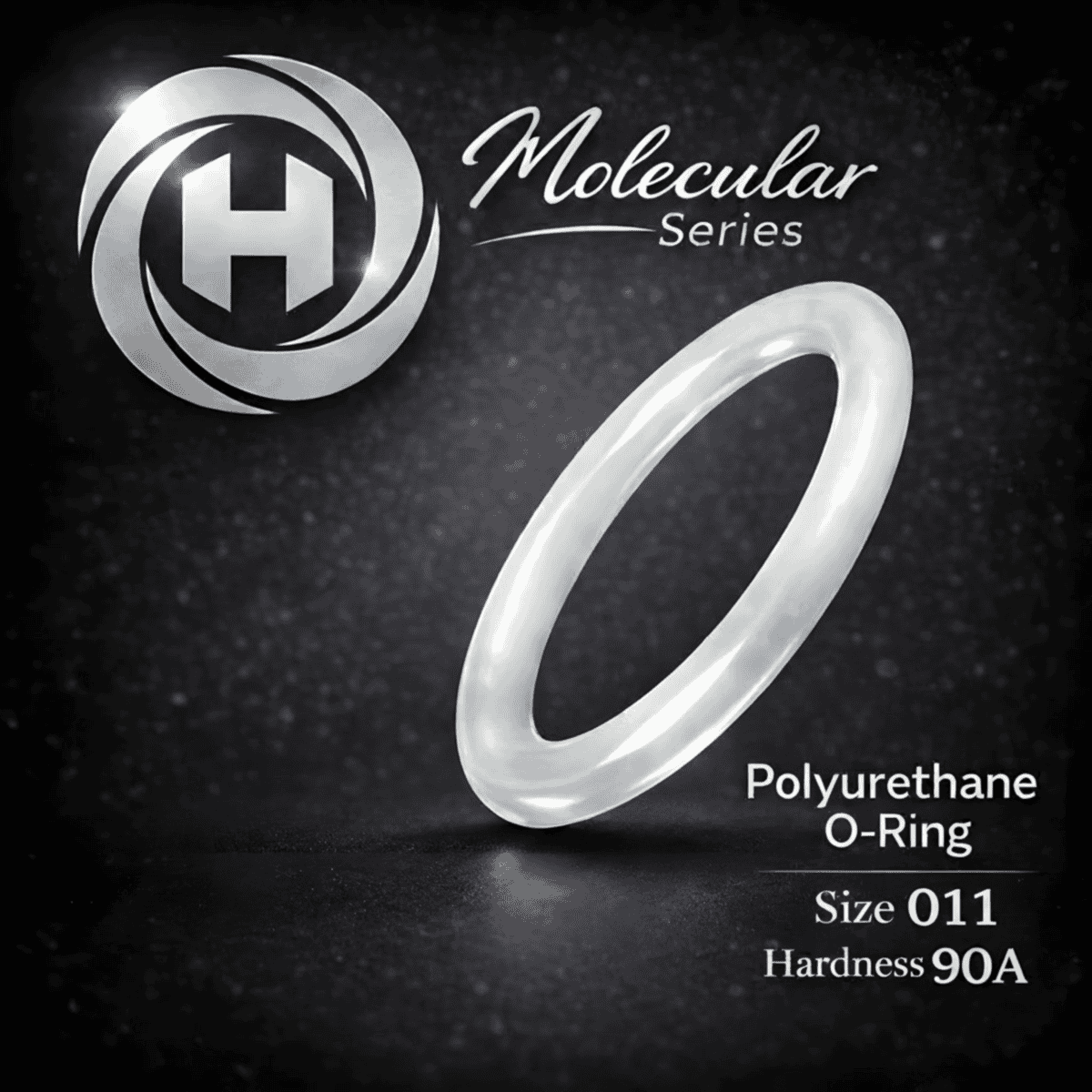 High-clarity Hadron Molecular Series Polyurethane O-Ring, size 011, 90A hardness, displayed with the Hadron logo on a dark textured background.
