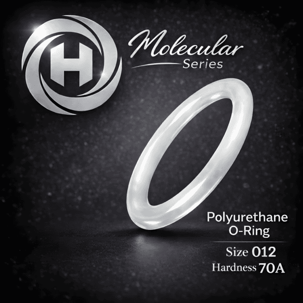 High-clarity Hadron Molecular Series Polyurethane O-Ring, size 012, 70A hardness, displayed with the Hadron logo on a dark textured background.
