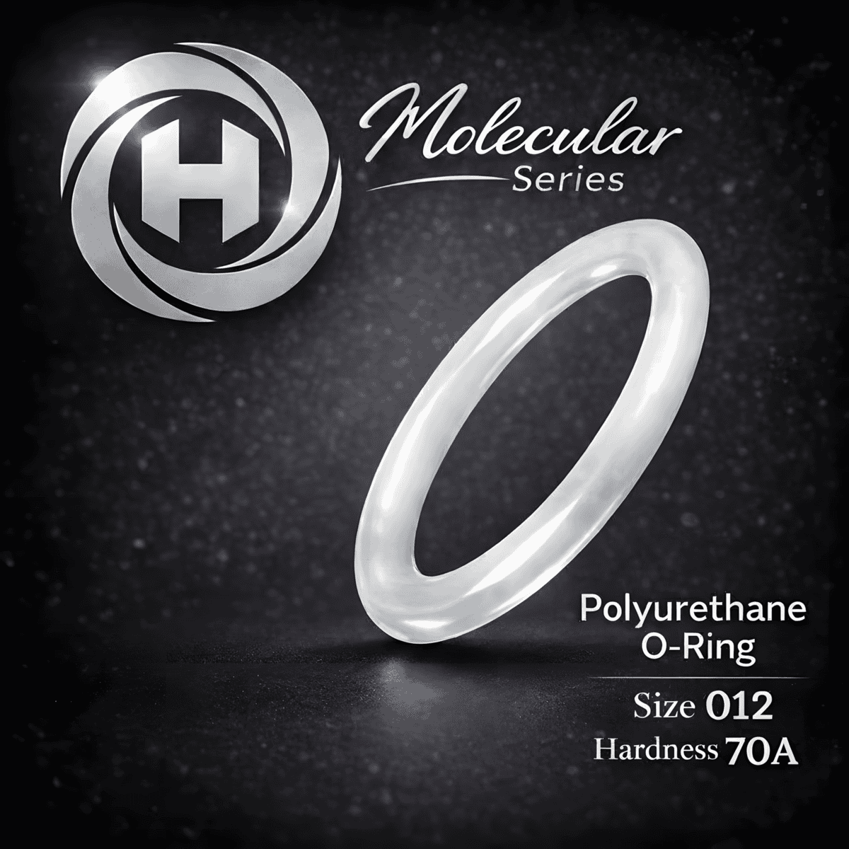 High-clarity Hadron Molecular Series Polyurethane O-Ring, size 012, 70A hardness, displayed with the Hadron logo on a dark textured background.