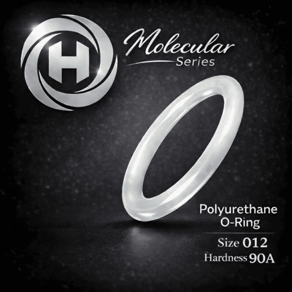 High-clarity Hadron Molecular Series Polyurethane O-Ring, size 012, 90A hardness, displayed with the Hadron logo on a dark textured background.