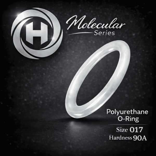 High-clarity Hadron Molecular Series Polyurethane O-Ring, size 017, 90A hardness, displayed with the Hadron logo on a dark textured background.