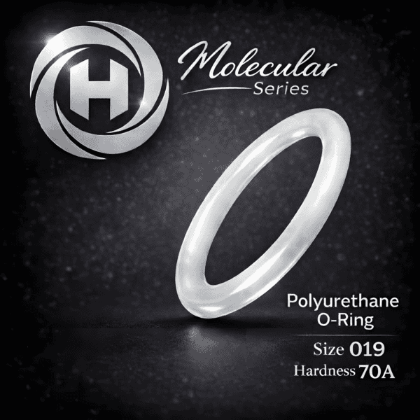 High-clarity Hadron Molecular Series Polyurethane O-Ring, size 019, 70A hardness, displayed with the Hadron logo on a dark textured background.