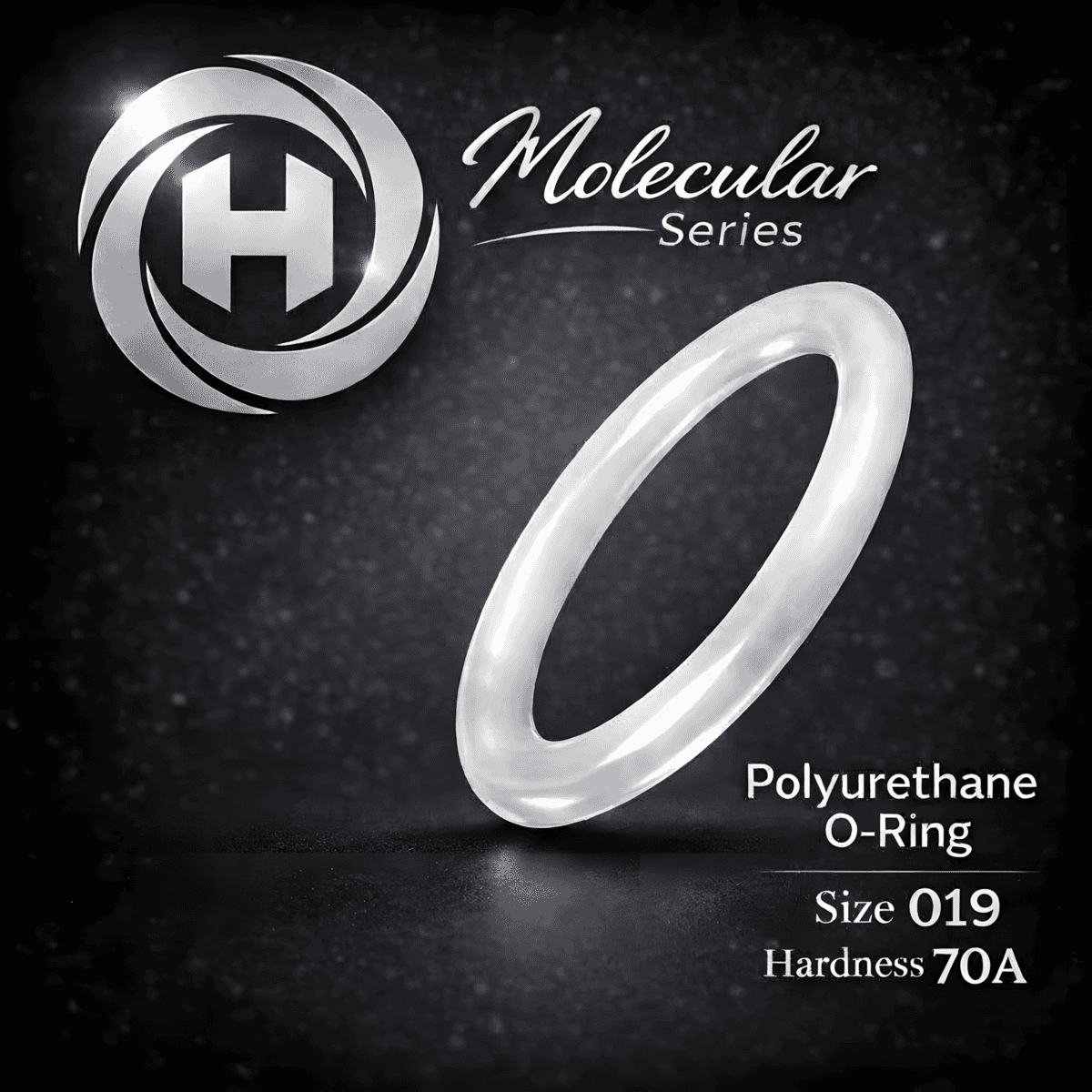 High-clarity Hadron Molecular Series Polyurethane O-Ring, size 019, 70A hardness, displayed with the Hadron logo on a dark textured background.