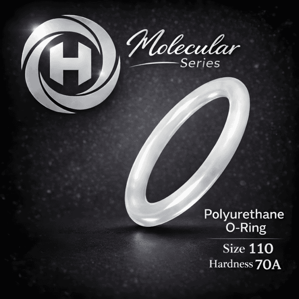High-clarity Hadron Molecular Series Polyurethane O-Ring, size 110, 70A hardness, displayed with the Hadron logo on a dark textured background.