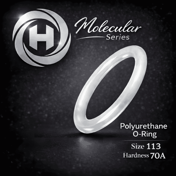 High-clarity Hadron Molecular Series Polyurethane O-Ring, size 113, 70A hardness, displayed with the Hadron logo on a dark textured background.
