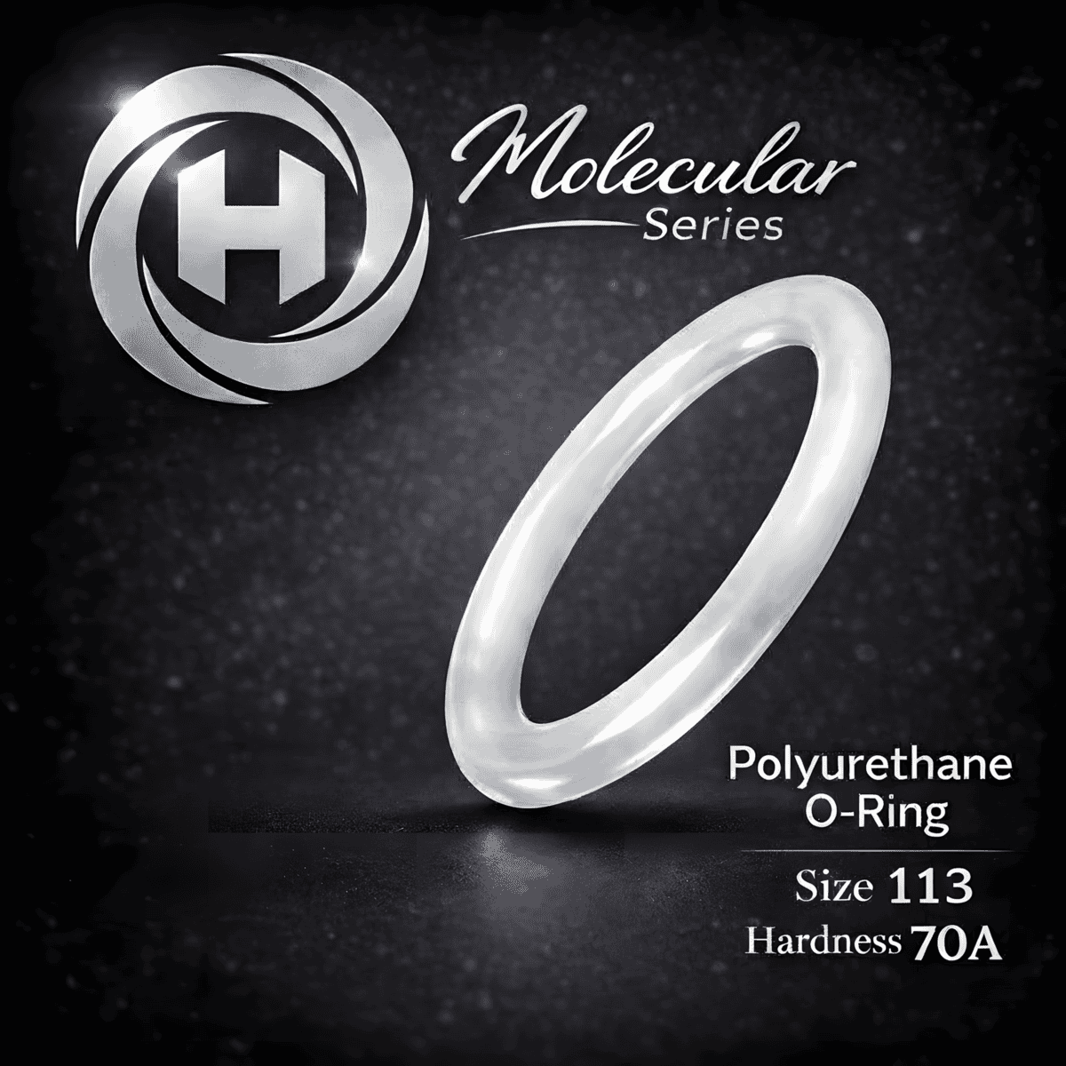 High-clarity Hadron Molecular Series Polyurethane O-Ring, size 113, 70A hardness, displayed with the Hadron logo on a dark textured background.