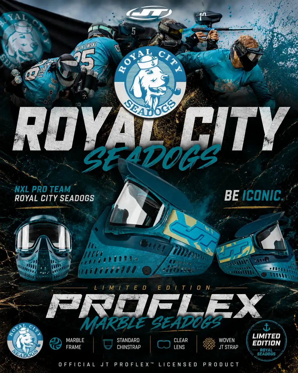 JT Paintball Spectra Proflex Marble Goggle Sea Dogs Edition mask with clear thermal lens.
