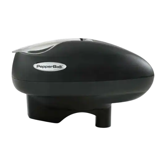 PepperBall EL-2 Max black electronic paintball hopper side profile view.