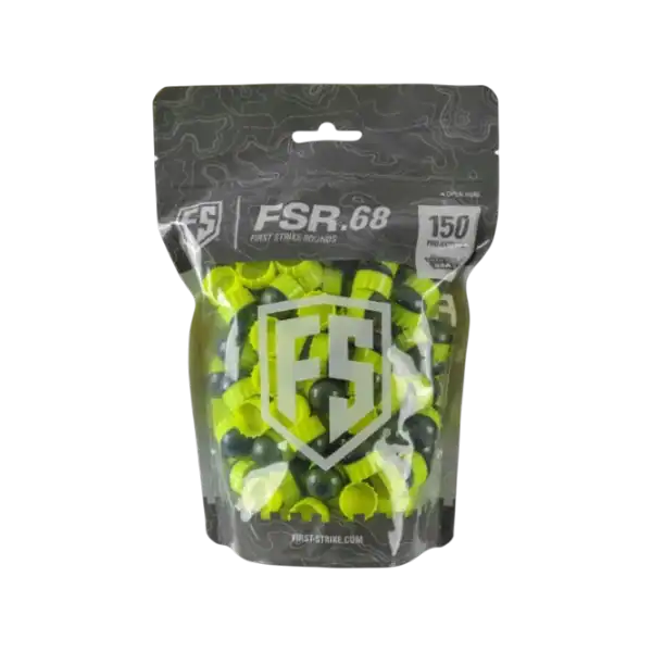First Strike 150 Rounds paintball projectiles in Smoke and Yellow variant with a durable self-rifling design.