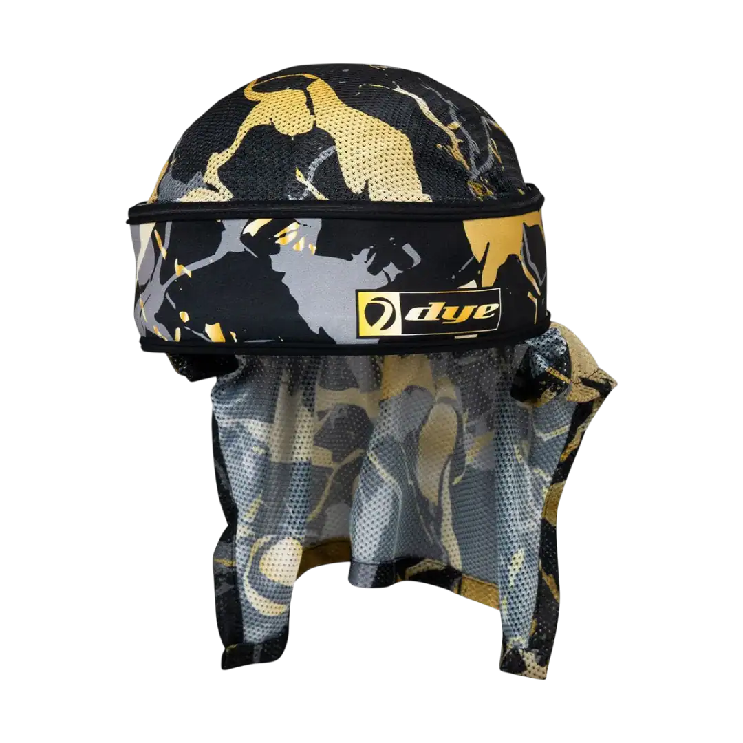 DYE x Halo Head Wrap Marbled Gold paintball performance headwear.