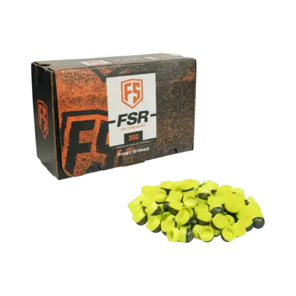 First Strike 300 Rounds in smoke and yellow with yellow fill for premium paintball accuracy.