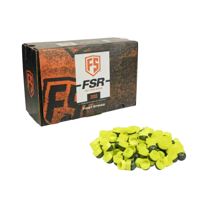 First Strike 300 Rounds in smoke and yellow with yellow fill for premium paintball accuracy.