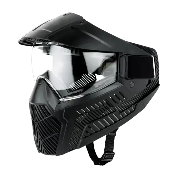 Base GS-F Goggle black paintball mask with a clear thermal lens shown in GS-F-BLACK-1__44957.1686608139.1280.1280__84586.webp.