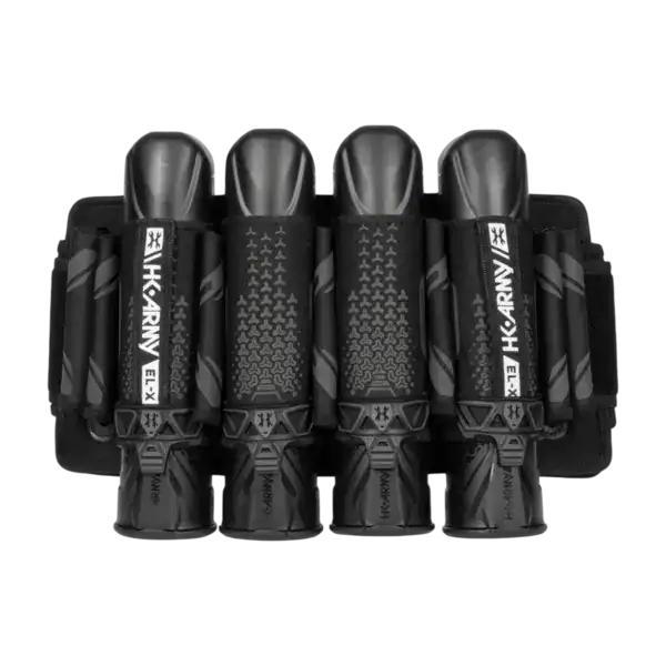 HK Army ELX Harness Shadow 4+3 strapless paintball pod pack on white background.