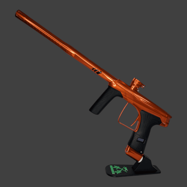 MacDev GTX paintball marker in Orange on display stand